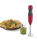 Kickass 2 Speed Hand Blender With Secure Locking Arm And Razor Sharp Stainless Steel Blade For No Sweat Puree And Soup Prep In Bold Empire Red Colorway Ready Fast next to guacamole and chips.