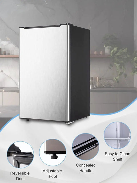 Sleek 3.2 Cu Ft Upright Mini Freezer With Adjustable Removable Shelves And Dope Silver Cabinet with a reversible door and adjustable foot.