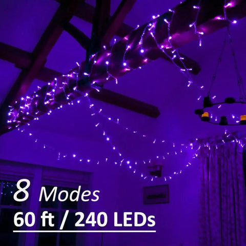 60ft Black Light String Lights With 240 LEDs for lit glow parties and bedroom decor, shown in a room with exposed beams and chandelier.