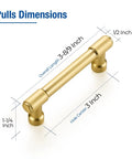 Pro Grade Brushed Gold Cabinet Handles And Sleek Modern Pulls With A Straightforward Three Inch Hole Center Spacing Heavy Duty Zinc Frame For No Fuss Installation And Sharp Home Refresh Smooth Glide Two Pack dimensions showing overall length 3-8/9 inch.