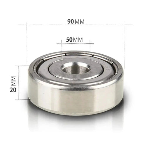 Premium Grade 440 Stainless Steel Deep Groove Ball Bearings Wheel Hub Replacement Kit showing 90mm diameter, 20mm height, and 50mm width.
