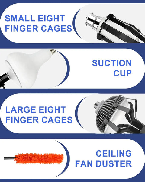Rock Solid Telescopic Light Bulb Changing Pole With Strong Suction Grip And Swappable Baskets For High Ceilings and recessed lighting featuring small and large finger cages.