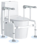 Built Different Toilet Safety Rail With Glow Handles And Flip Up Arms For Seniors And Disabled Featuring 450 Lbs Support And No Wobble Design, installed next to a toilet.