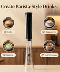 Rechargeable Milk Frother Handheld With Stand, Low Noise Electric Coffee Frother Wand With Stainless Steel Shaft, Anti-Accidental Start, Dual Coil Whisks, Easy Foam Maker For Lattes And Cappuccinos, Perfect Kitchen Gift displayed with coffee drinks.