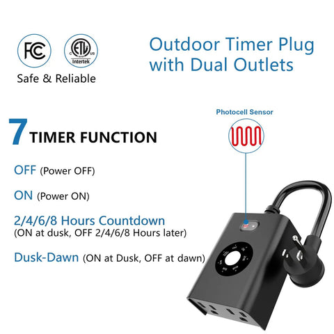 Weatherproof Outdoor Sensor Timer With Dual Grounded Outlets Delivers zero fuss dusk to dawn light control, showing timer functions.