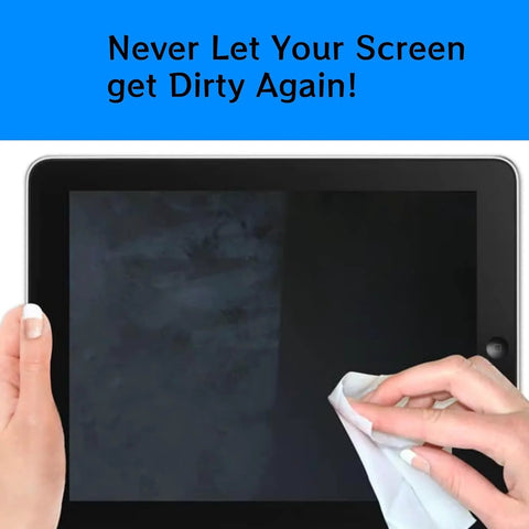 AUDIO WIPES cleaning towelettes; person wipes a tablet screen with a white cloth