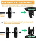 Replacement Wheels For Luggage Suitcase 50mm Diameter 8 Pc Wheel Set With 30mm, 36mm And 50mm Axles, shown in diagram