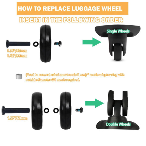 Replacement Wheels For Luggage Suitcase 50mm Diameter 8 Pc Wheel Set With 30mm, 36mm And 50mm Axles, shown in diagram