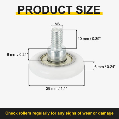 Badass Pa66 Nylon Drawer Rollers With M6 Thread Studs, showing dimensions 10mm M6 stud, 28mm wheel for furniture repairs.