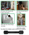 Collage of kids and pets causing mess, with 8 Pack Adjustable Strap Child Safety Cabinet Locks For Cupboards Drawers Closets Toilets Ovens And Fridges No Trapped Fingers Easy Install Kid Safe With Free 9 Extra Adhesive Pads shown below.