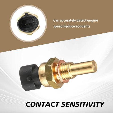 Car coolant temperature sensor with brass threaded body and 2-pin black plug (side view)
