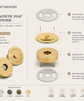 Straight Up Heavy Duty Magnetic Snap Buttons With A Tight Grip Clasp Ideal For Purse Crafting And Jacket Repair Kits Includes Full Hardware No Sweat Install Gold Size components diagram, includes washers and male/female parts.