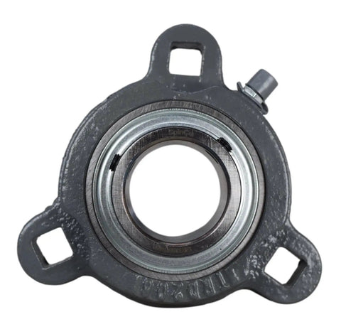 1-1/4 Inch Bore Three Bolt Flange Bearing Heavy Duty Workhorse Rock Solid Setup For Industrial Machinery Motors And Conveyors showing mounting holes.
