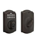 Camelot Keyless Entry Electronic Keypad Deadbolt Lock With Aged Bronze Finish For Front Door Entry No Key Needed Up To 19 Access Codes Includes Mechanical Key Backup BE365 V CAM 716, front and back view