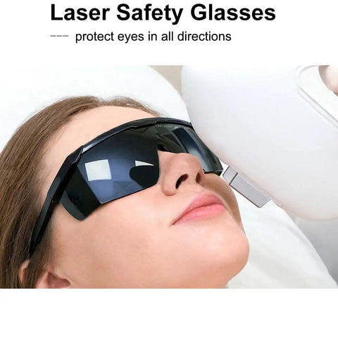 Legit Heavy Duty IPL Laser Safety Glasses With Solid Eye Protection And Broad Spectrum Shielding Against Ultraviolet Blue Light And Infrared Beams For Laser Hair Removal Treatment on a user during treatment.