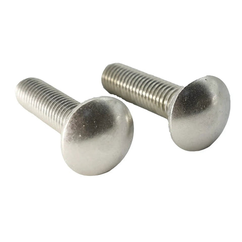 Premium 18 8 Stainless Steel Carriage Bolts With Rock Solid Round Heads And Anti Rotation Square Necks 1 4 20 X 1 1 4 Inch close-up of two bolts.