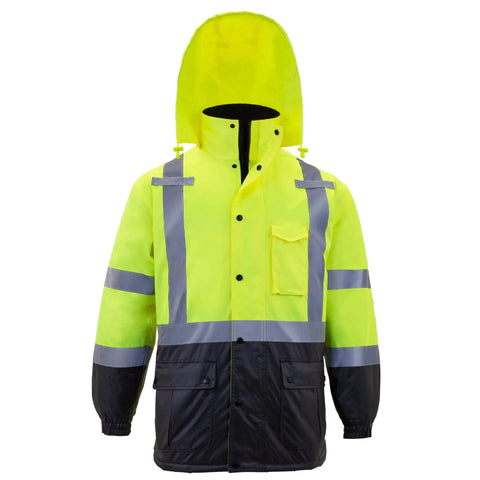 Hi Vis Yellow Waterproof Safety Parka With Reflective Stripes, ANSI Class 3 Type R Insulated Work Jacket For Roadway Construction Utilities And Transportation, High Visibility Gear For Night Shifts In Low Light