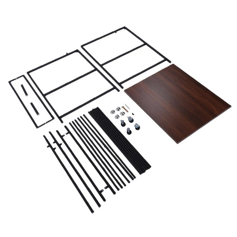 Rock Solid Heavy Duty 3D Printer Stand With High Capacity Filament Storage Rack parts laid out, including steel frame and wood top.