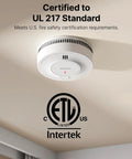 Real Deal 10 Year Smoke Detector With Photoelectric Sensor And Sealed Lithium Battery That Squashes False Alarms And Keeps Your Whole House Locked In Safe From Kitchen Smoke And Steam mounted on ceiling with certification logo.