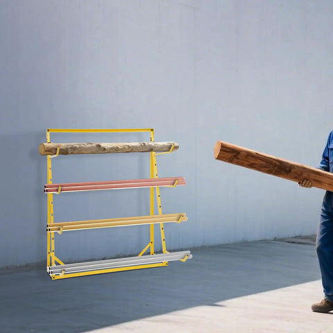 Heavy Duty Four Tier Cantilever Storage Rack With Badass 440 Lb Capacity Adjustable Pipe Organizer displaying lumber and pipes in bright yellow.