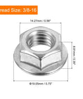 Knockout Quality 304 Stainless Steel Hex Flange Lock Nuts 3/8-16 Thread Non Slip Serrated Base Full Length Threading, top view