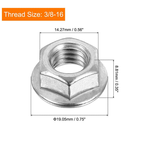 Knockout Quality 304 Stainless Steel Hex Flange Lock Nuts 3/8-16 Thread Non Slip Serrated Base Full Length Threading, top view