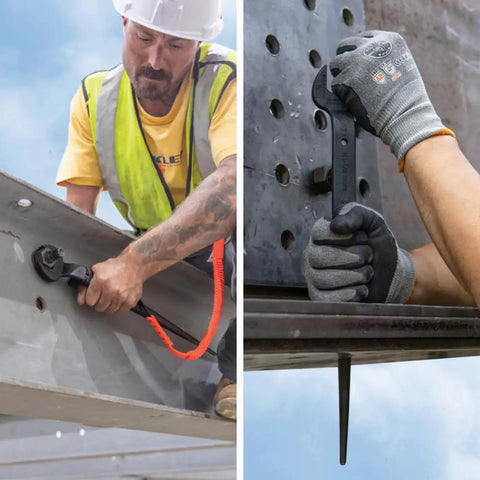Worker using Workhorse Construction Spud Wrench With Tether Hole Made In USA 1-1/4 Inch Opening 3/4 Inch Bolt Fit For Heavy Nut