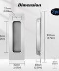 Dimensions of Two Pack Rectangular Recessed Sliding Closet Door Pulls Stainless Steel Handles 120mm by 40mm with screws shown