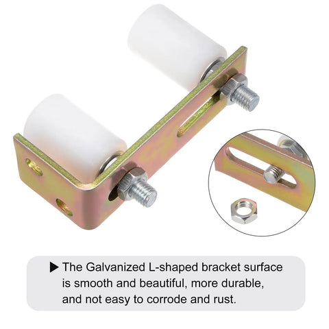 Heavy Duty Sliding Gate Door Rollers With Adjustable Track Brackets And Precision Ball Bearing Nylon Wheels Glides Like A Champ On Metal Or Round Rails Rock Solid Construction No Sweat Install For Backyard Or Business Use White, close-up of galvanized L-shaped bracket with nylon wheels.