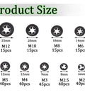 Ruipaba 265-piece internal-tooth star lock washer assortment in 9 sizes (M2–M12), black metal push-on washers.
