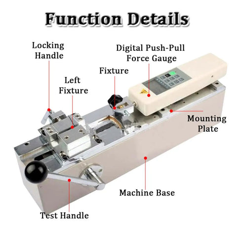 Heavy Duty Manual Digital Force Gauge And Tensile Pull Tester With Hella Precise Zero Point Zero One Millimeter Displacement Tracker Portable Horizontal Push Pull Meter Rig For Tough Testing Tasks, showing functional details including fixtures and gauge.