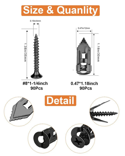 Heavy Duty Self Drilling Drywall Anchors With Screws For Hanging Shelves Mirrors Picture Frames Artwork Clocks Tough As Nails Wall Mount Kit supports up to 66 pounds, size details and quantity shown.