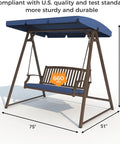 Two Seat Patio Swing With Adjustable Tilt Canopy Outdoor Porch Swing Farmhouse Style With Removable Cushions Dark Blue Smooth Gentle Motion From Heavy Duty Springs And Reinforced Bottom For Cozy Outdoor Chill with dimensions shown
