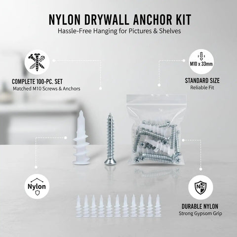 100 Pack Nylon Drywall Anchors With Screws For Hollow Walls, Heavy Duty Kit, showing nylon anchors and screws with packaging.