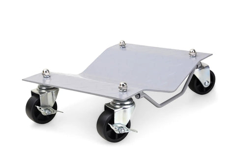 Heavy Duty Rock Solid 6000 Lb Car Wheel Dollies Set Of 4 With Grippy Diamond Plate And Swivel Roller Casters, close-up view of dolly with diamond plate surface.