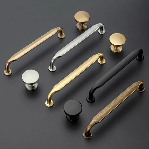 10 Pack 5 Inch Brushed Brass Cabinet Pulls Solid Zinc Alloy Heavy Duty Kitchen And Bathroom Drawer Handles Tough As Nails For Home Improvement And Renovations displayed with various finishes.