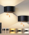 Motion Sensor Wall Light With Remote Control No Fuss Three Color Modes Wireless LED Indoor Up And Down Wall Sconce 5000mAh Rechargeable Battery Powered Brightness Adjustable Two Pack with remote and charging cables visible.