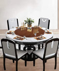 27 Inch Wooden Lazy Susan Turntable With Smooth As Butter Spin Heavy Duty Round Serving Tray set on a modern dining table.