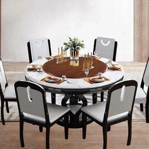 27 Inch Wooden Lazy Susan Turntable With Smooth As Butter Spin Heavy Duty Round Serving Tray set on a modern dining table.