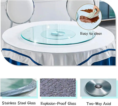 Heavy Duty Tempered Glass Lazy Susan Turntable with easy-to-clean surface on a dining table, ideal for parties and cookouts.