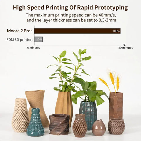 Kickstart Your Maker Flow With This Folding Ceramic 3D Printer Engineered For Clay And Slurry, showcasing ceramic vases printed with detailed designs.