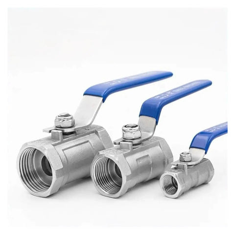 Rock Solid Female Threaded Ball Valve With Smooth As Butter Handle For Dead Stop Leak Free Performance And Heavy Duty Flow Control On Any Residential Or Commercial Plumbing Setup, showing three sizes with blue handles.