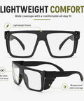 Kickass Ansi Z87 Safety Glasses Featuring Hella Smooth Photochromic Anti Blue Light Lenses With Solid UV400 Protection Lightweight Polycarbonate Frame In Matte Black, front and side view showcasing lightweight frame.