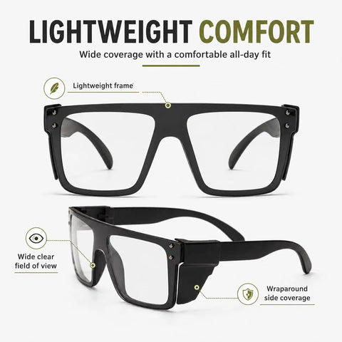 Kickass Ansi Z87 Safety Glasses Featuring Hella Smooth Photochromic Anti Blue Light Lenses With Solid UV400 Protection Lightweight Polycarbonate Frame In Matte Black, front and side view showcasing lightweight frame.