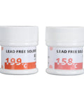 Lead-free solder paste containers for electronics, labeled 158 C and 199 C, two-pack