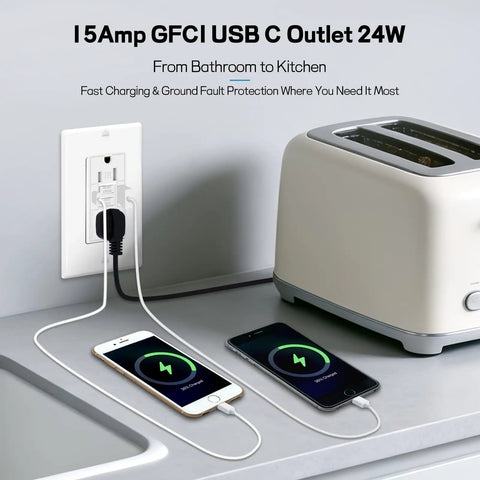 Solid Choice 20 Pack 15 Amp GFCI Outlets With USB C And USB A Quick Charge Ports Self Testing Ground Fault Protection LED Indicator, installed with devices charging.