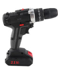 Badass Brushless Cordless Drill Kit Featuring Twenty Five Adjustable Torque Settings And One Thousand Four Fifty RPM Speed. Side view with 21V battery.