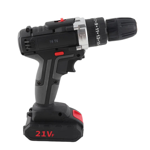 Badass Brushless Cordless Drill Kit Featuring Twenty Five Adjustable Torque Settings And One Thousand Four Fifty RPM Speed. Side view with 21V battery.