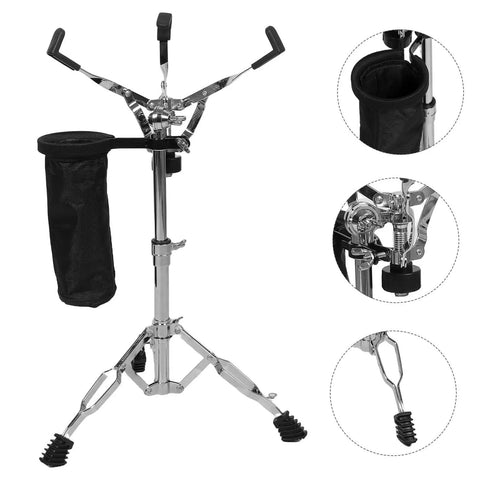 Road Ready Adjustable Snare Drum Stand With Heavy Duty Rubber Feet And Legit Double Braced Tripod featuring drumstick holder and sturdy legs.