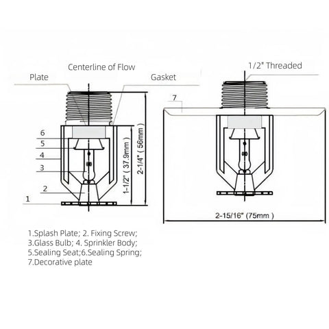 Diagram of Top Shelf Quick Response Pendent Fire Sprinkler Head Chrome Edition showing dimensions and components.